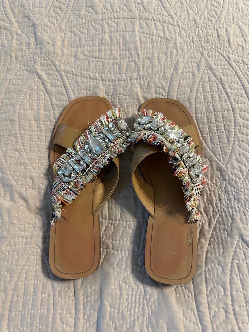 Crown Vintage Multicolor Crystal Fringe Slide Sandals - Tan Footbed